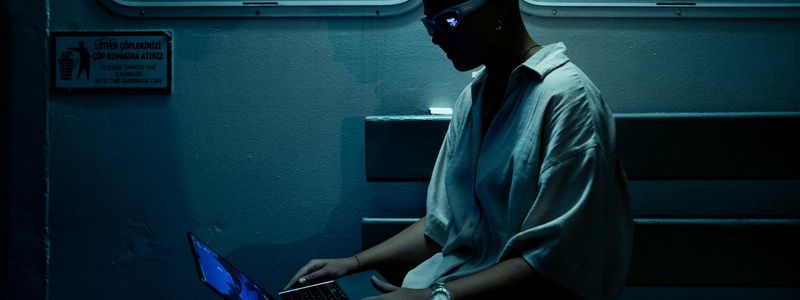 Wide shot of a minimalist training space with neon.